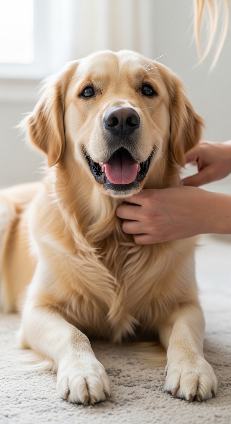 A close up of a dog with a tick on its neck.