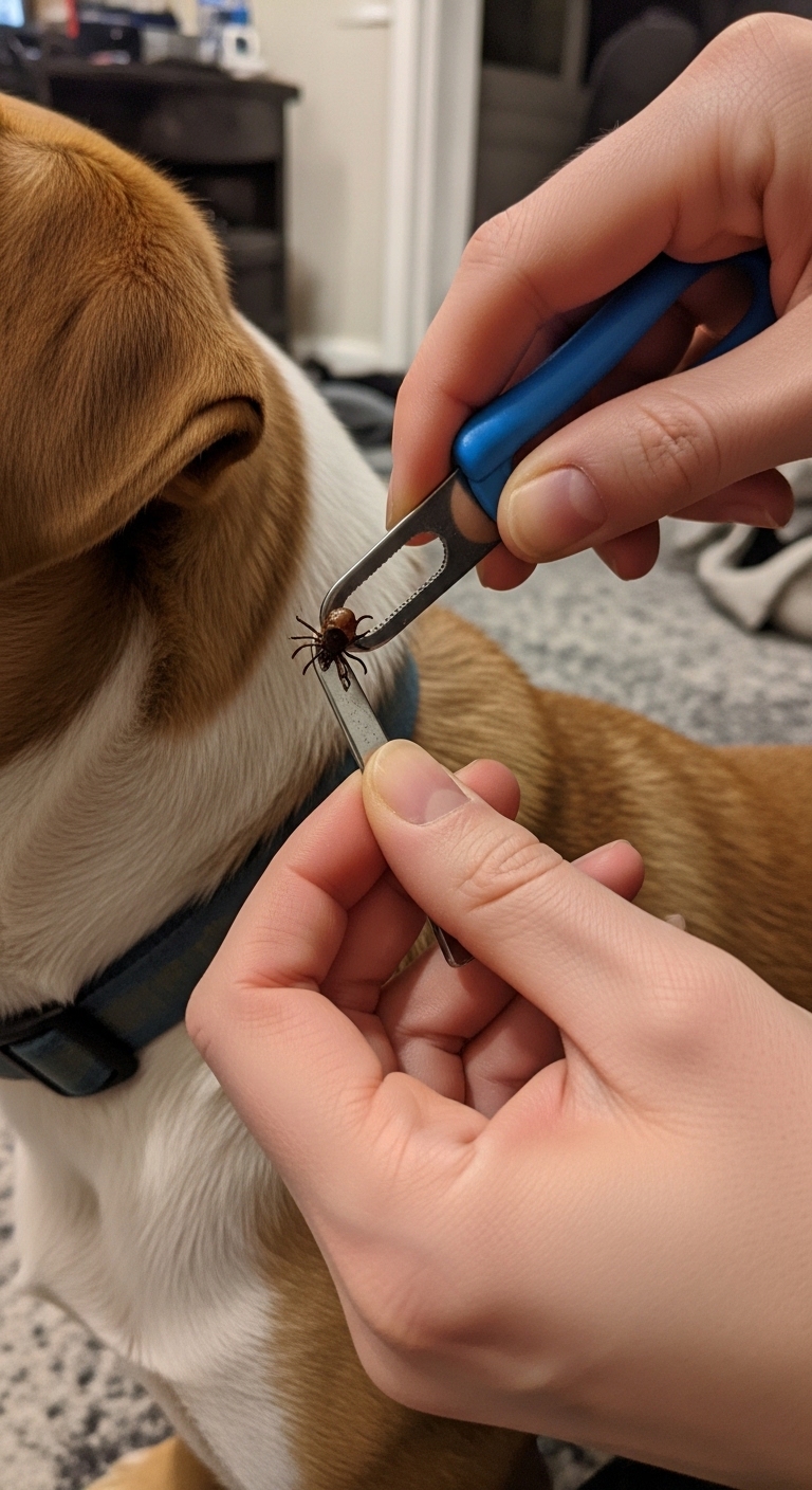 A tick is being removed from a dog's ear.