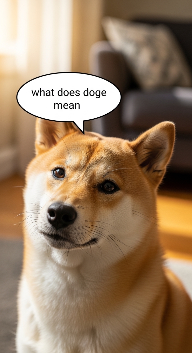 A dog with a speech bubble above its head that says "What does doge mean?