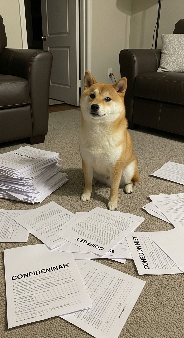A small dog sits on a pile of papers with the word "Doge" on them.