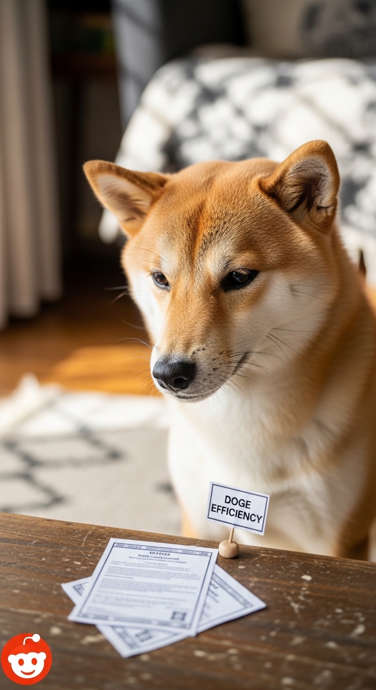 A dog with a sign that says "Doge Efficiency".
