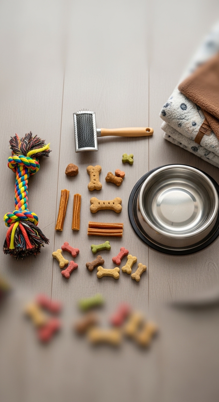 A dog toy and a bowl of dog treats.