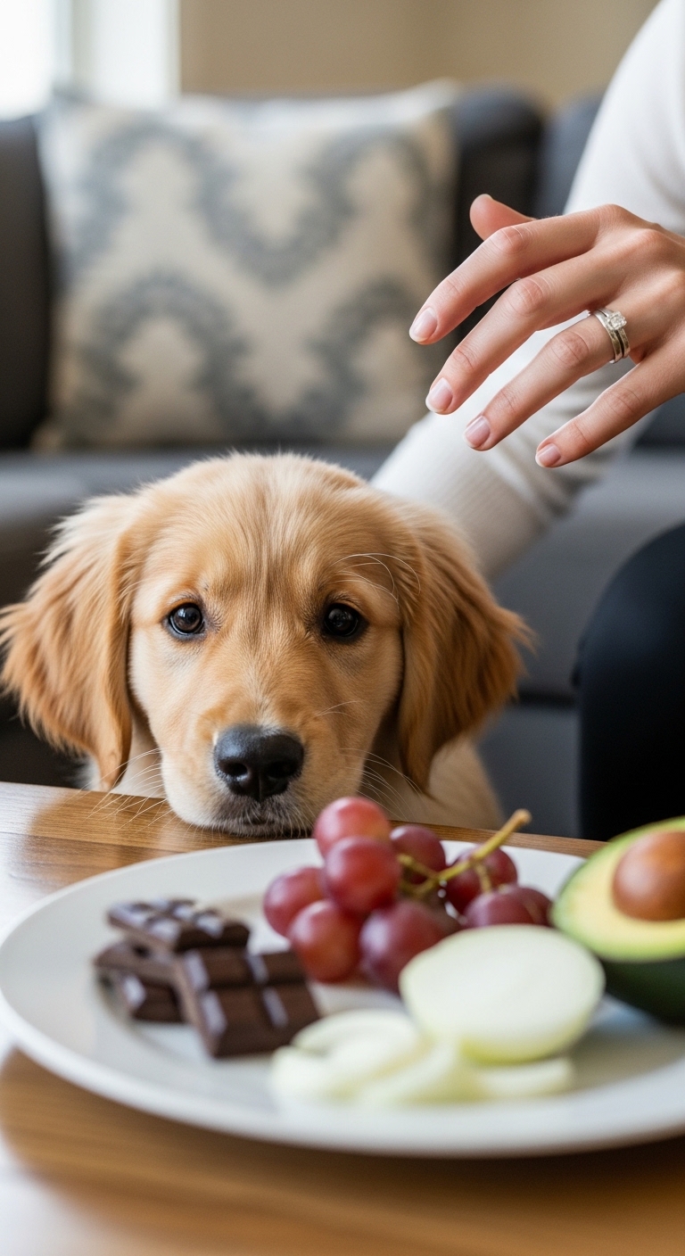 A dog looking at a plate of food that includes grapes, avocado, and chocolate.