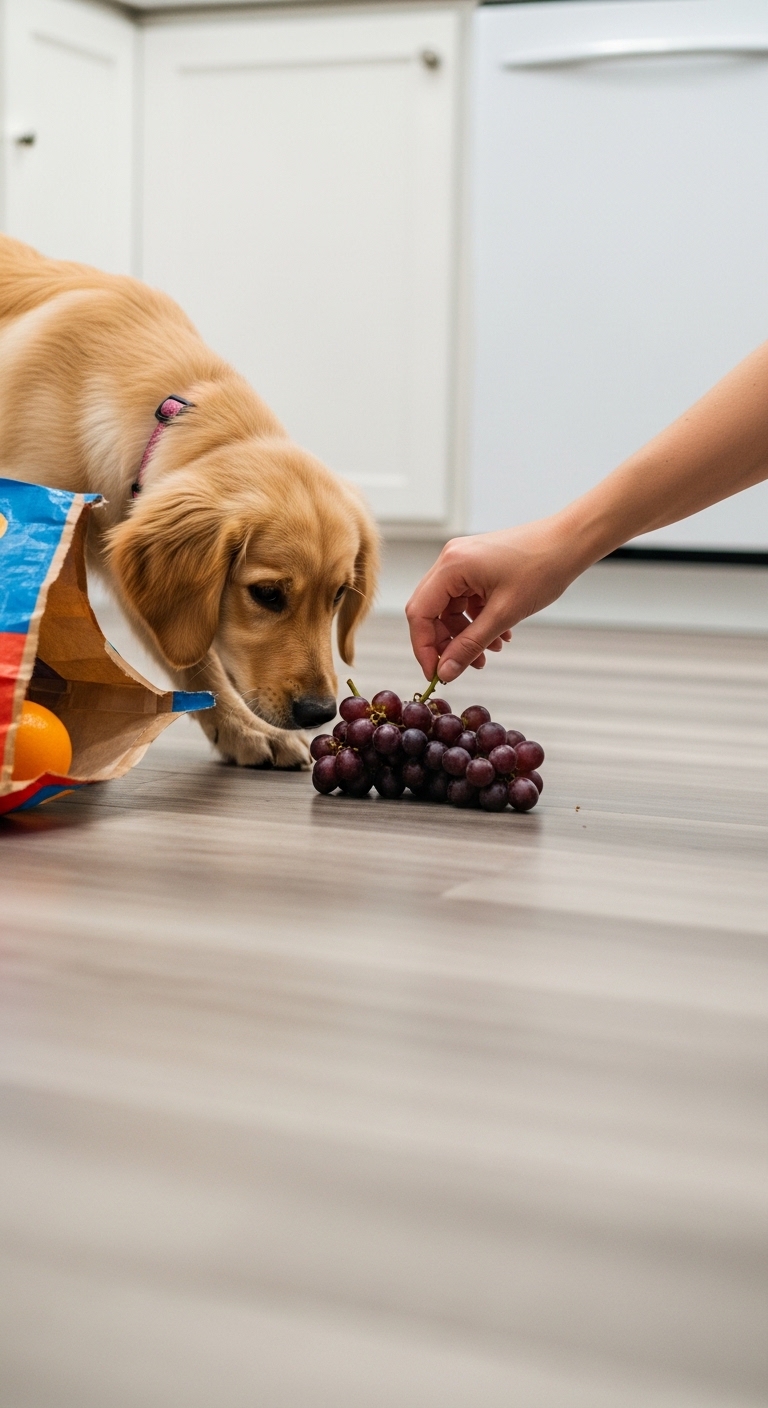 A dog sniffing a bunch of grapes.