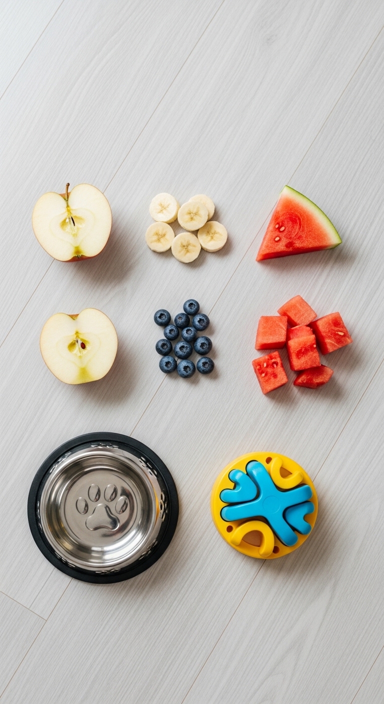 A bowl of food for dogs with a blueberry, watermelon, apple, banana, and strawberry.