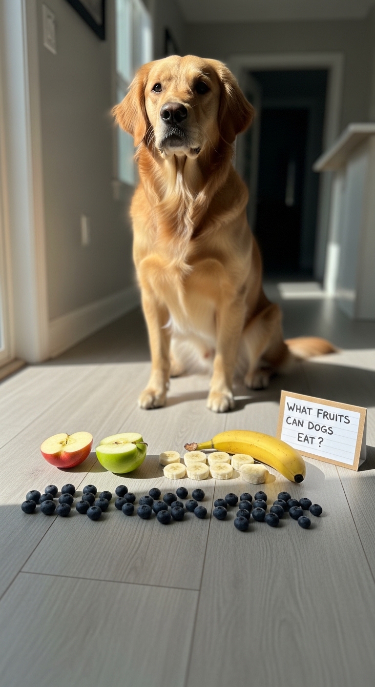 A dog sits on the floor next to a sign that says "What fruits can dogs eat?