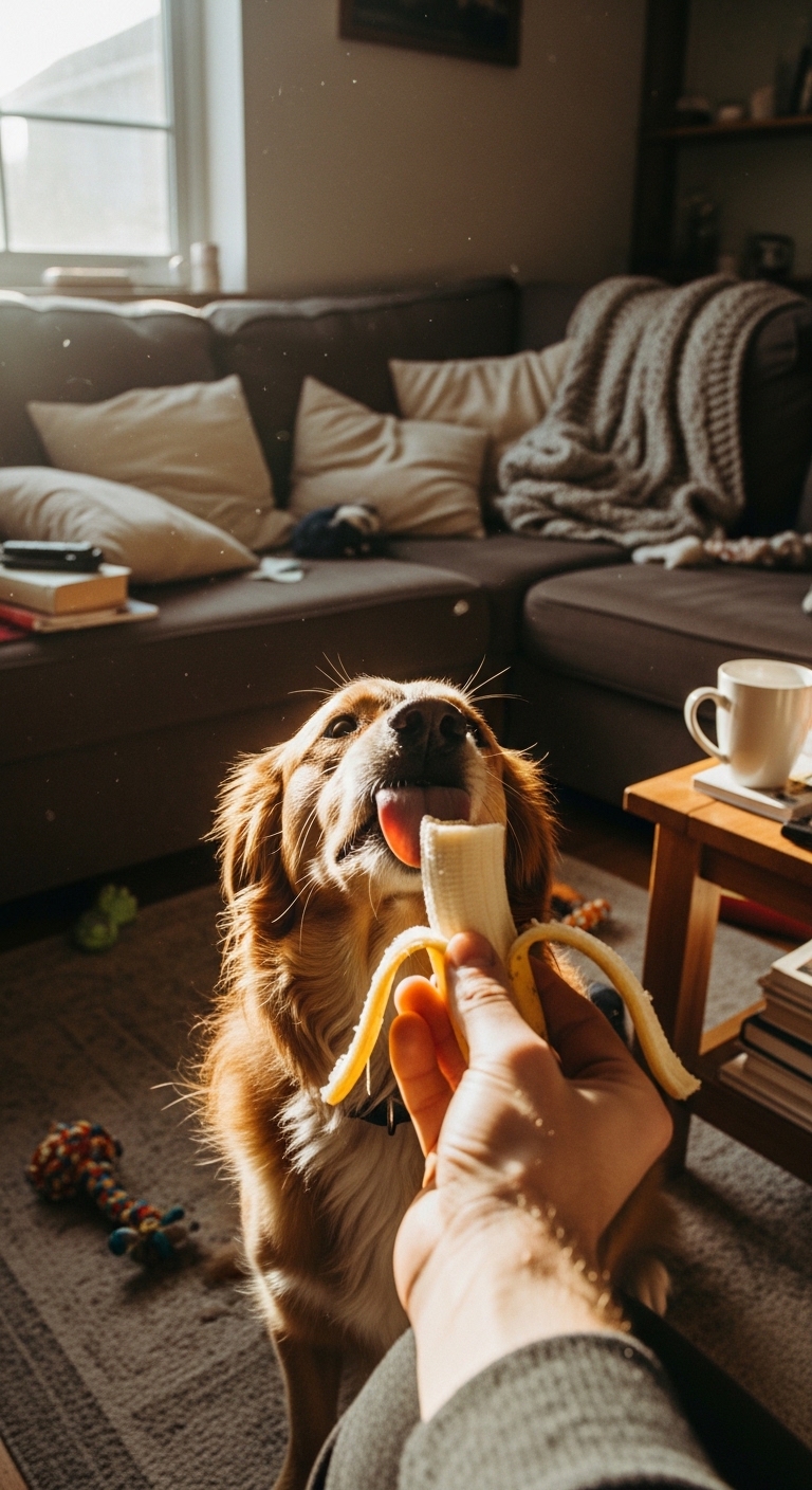 A dog eating a banana.