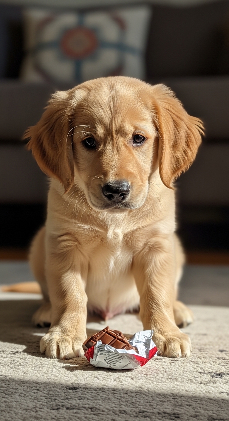 A dog is sitting on the floor with a chocolate bar in its mouth.