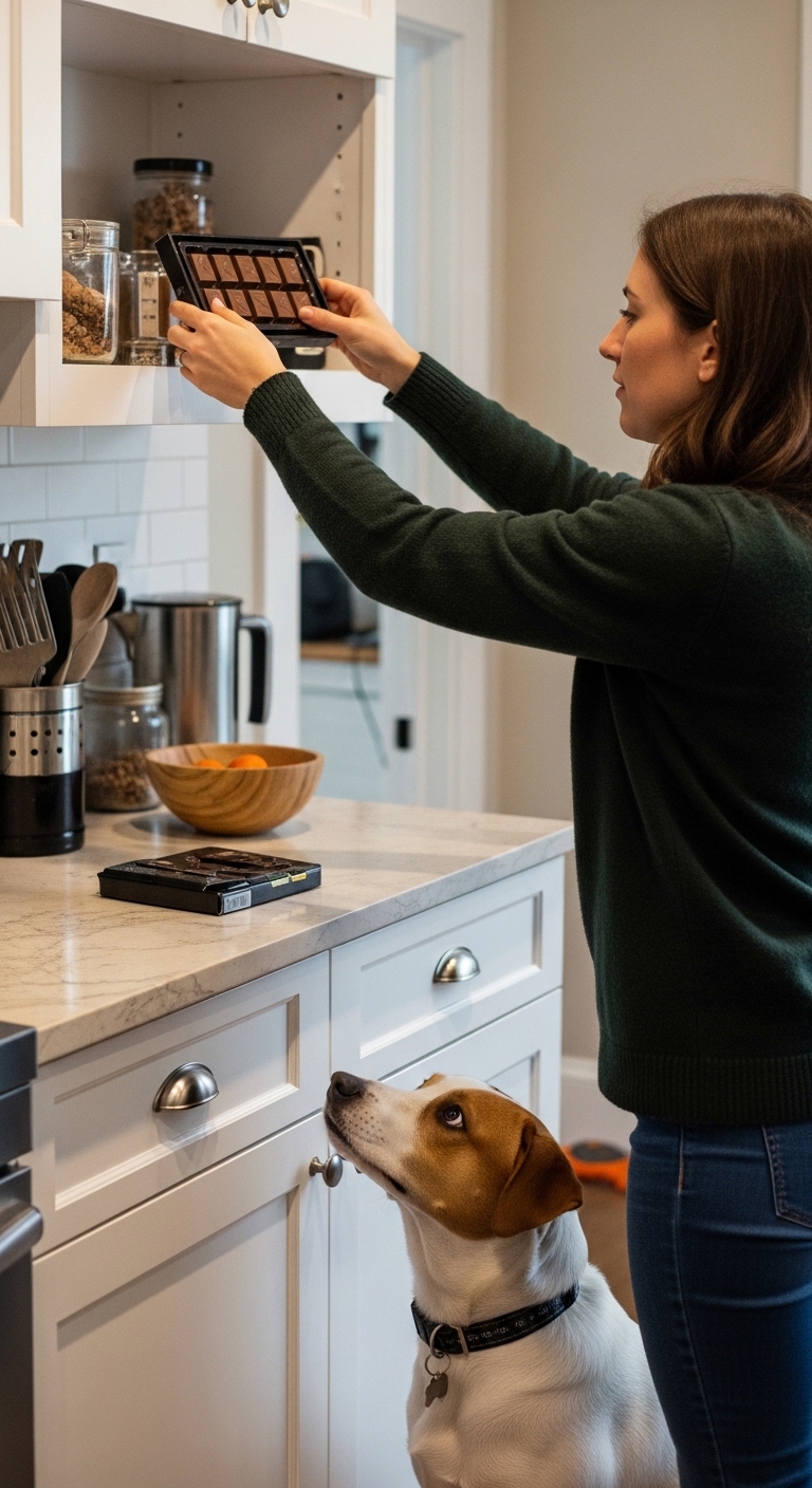 A dog is looking at a woman who is holding a chocolate bar.