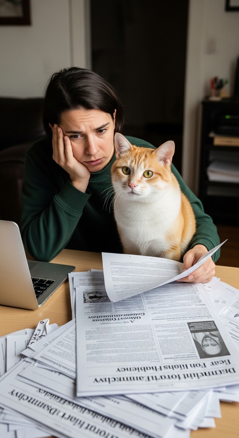 A woman is sitting at a table with a cat and a laptop.