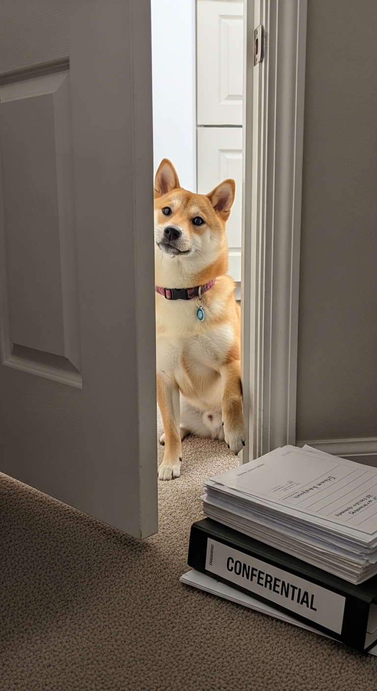 A dog standing in a doorway.