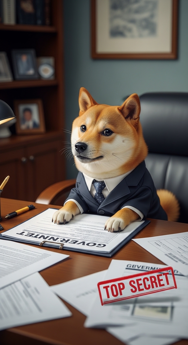 A dog wearing a suit and tie sits at a desk.