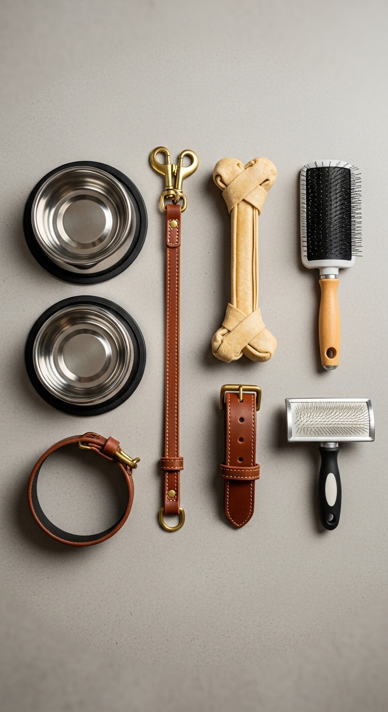 A collection of dog grooming tools and a bone.