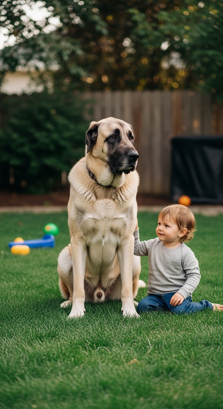 A young boy is petting a large dog.