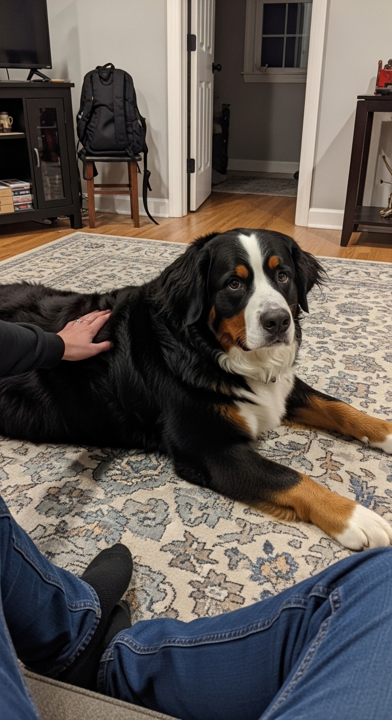 A large black and white dog is laying on a rug.