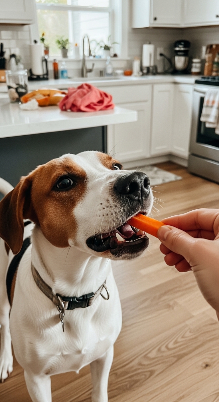 A dog eating a carrot.
