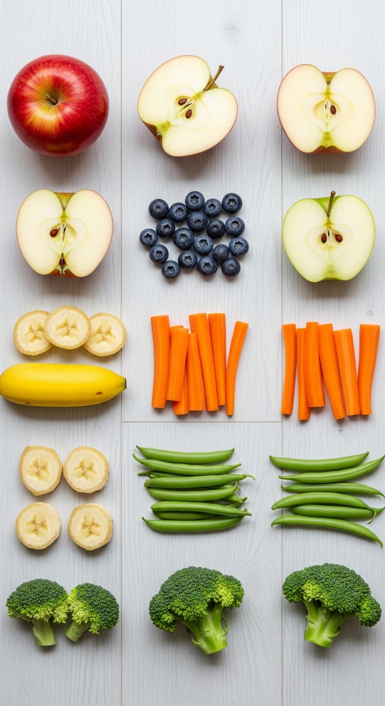 A table full of vegetables including carrots, apples, and blueberries.