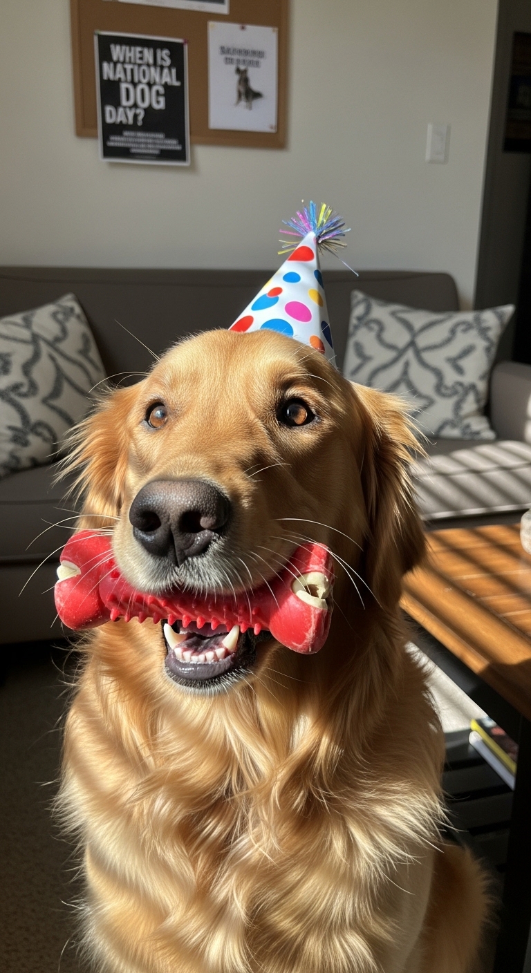 A dog wearing a birthday hat and holding a toy.