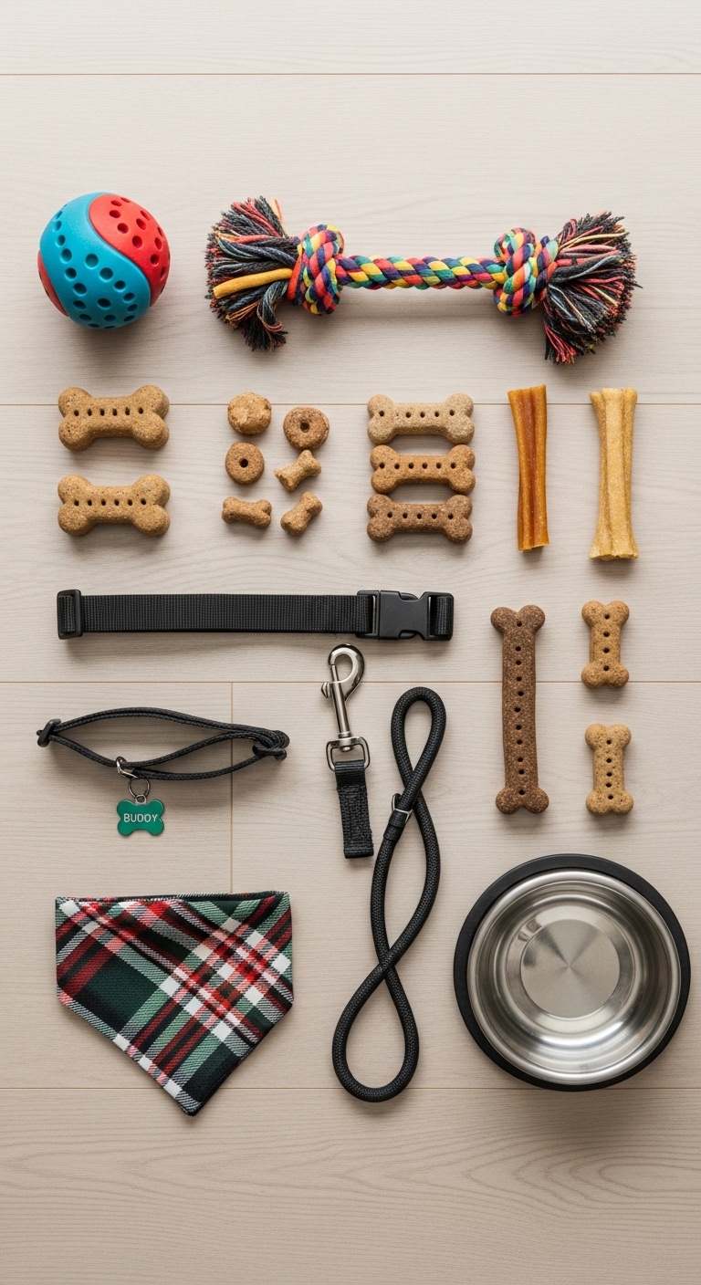 A collection of dog toys and treats.