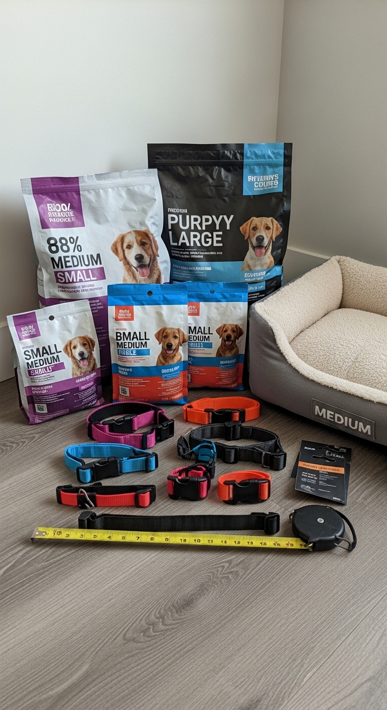 A dog food bag and a measuring tape on the floor.