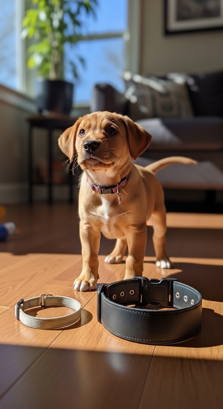 A dog standing on a wooden floor next to a leash and a collar.