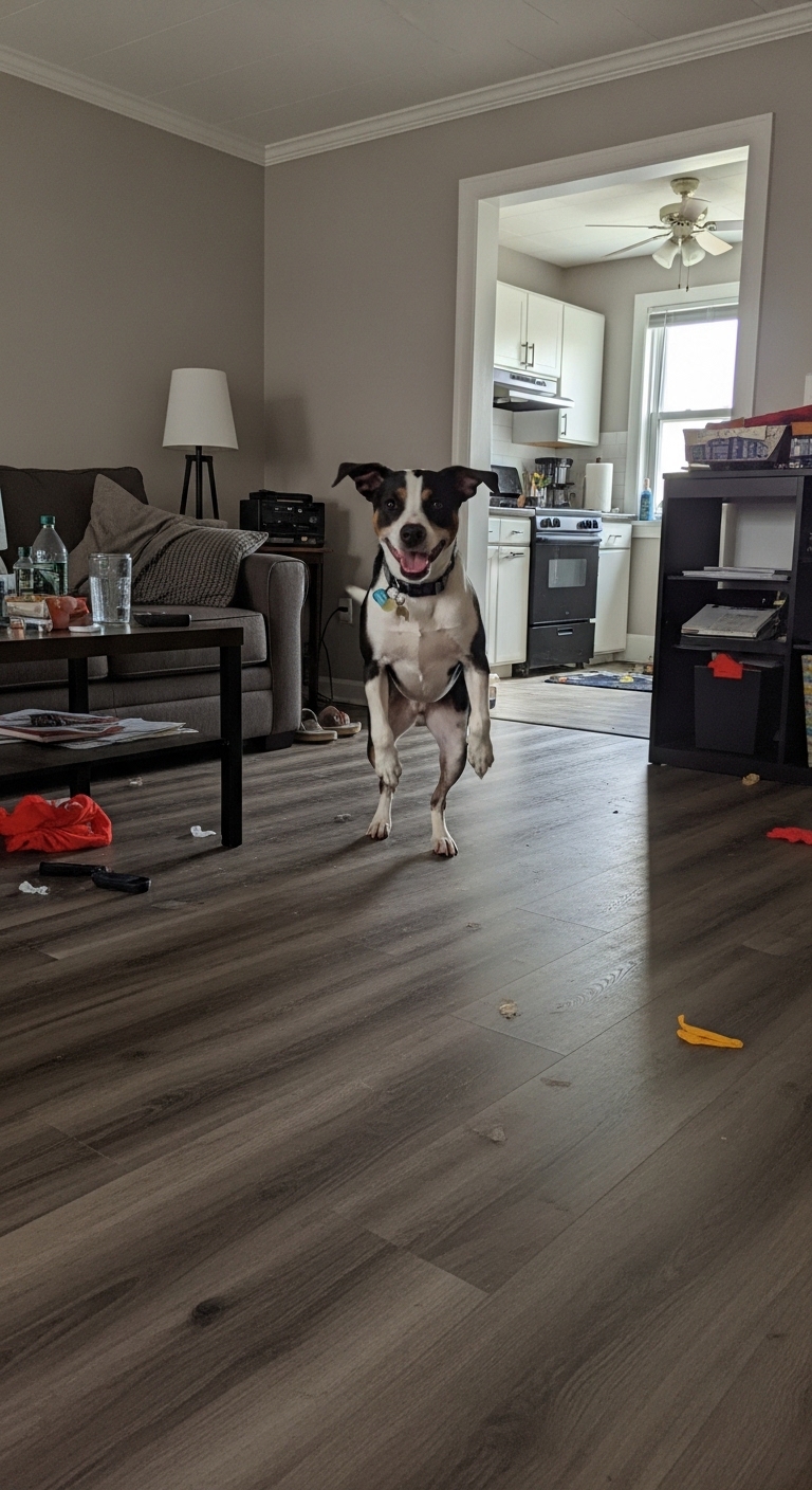 A dog is standing on a wooden floor.