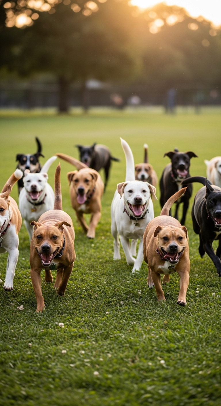 A pack of dogs running in a field.