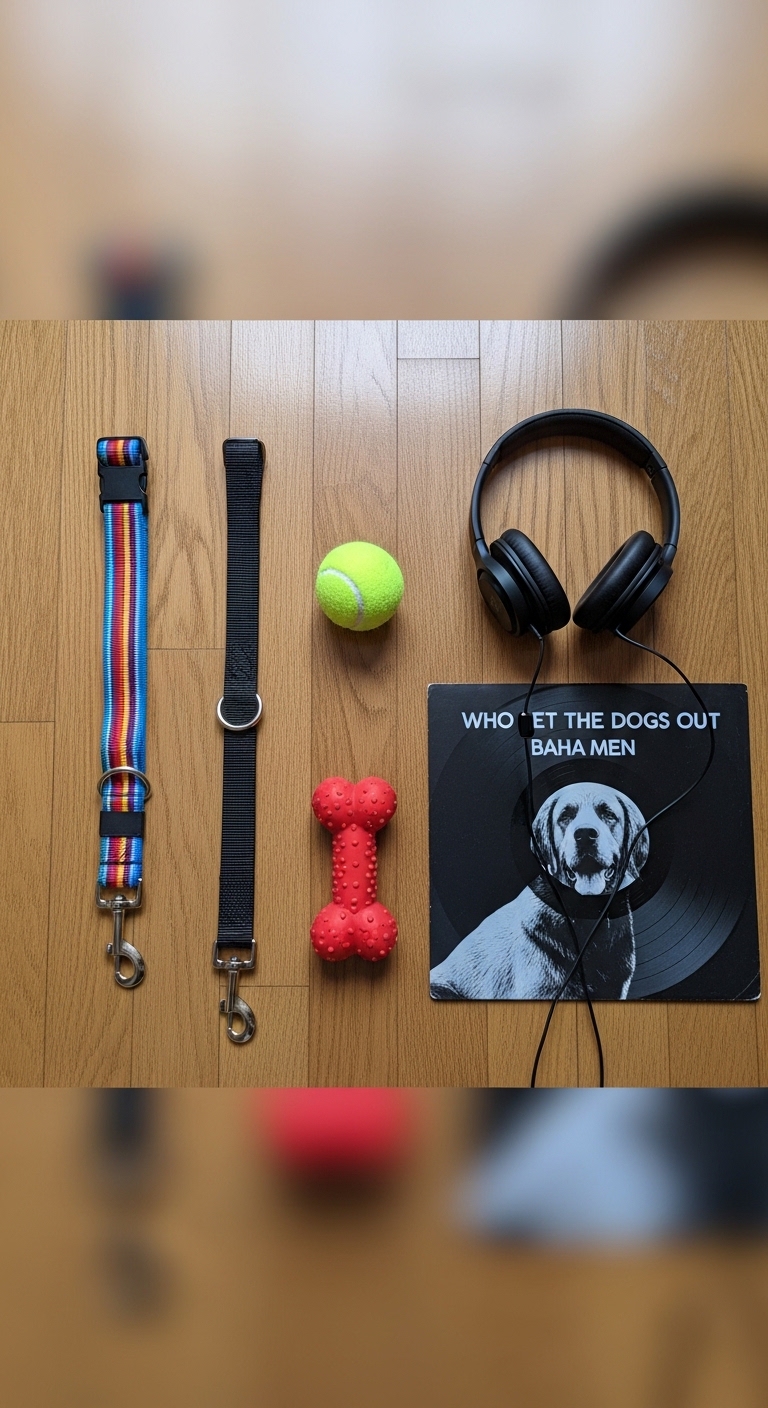 A collection of items including a tennis ball, a dog toy, and headphones.