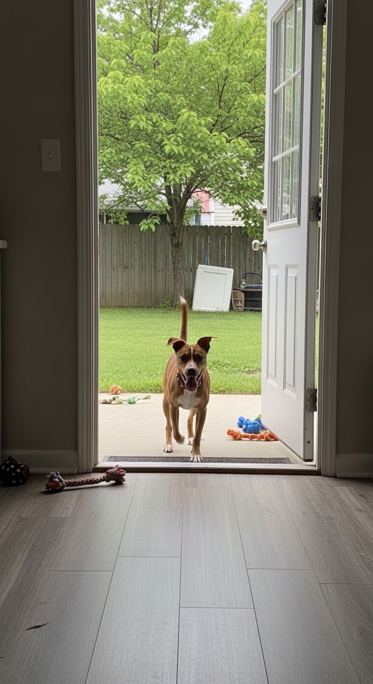 A dog is running out of a door.