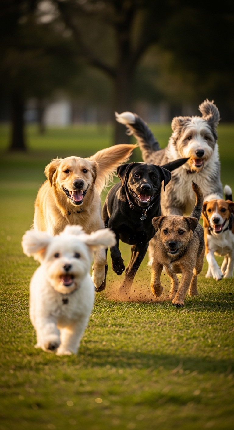A group of dogs running in a field.