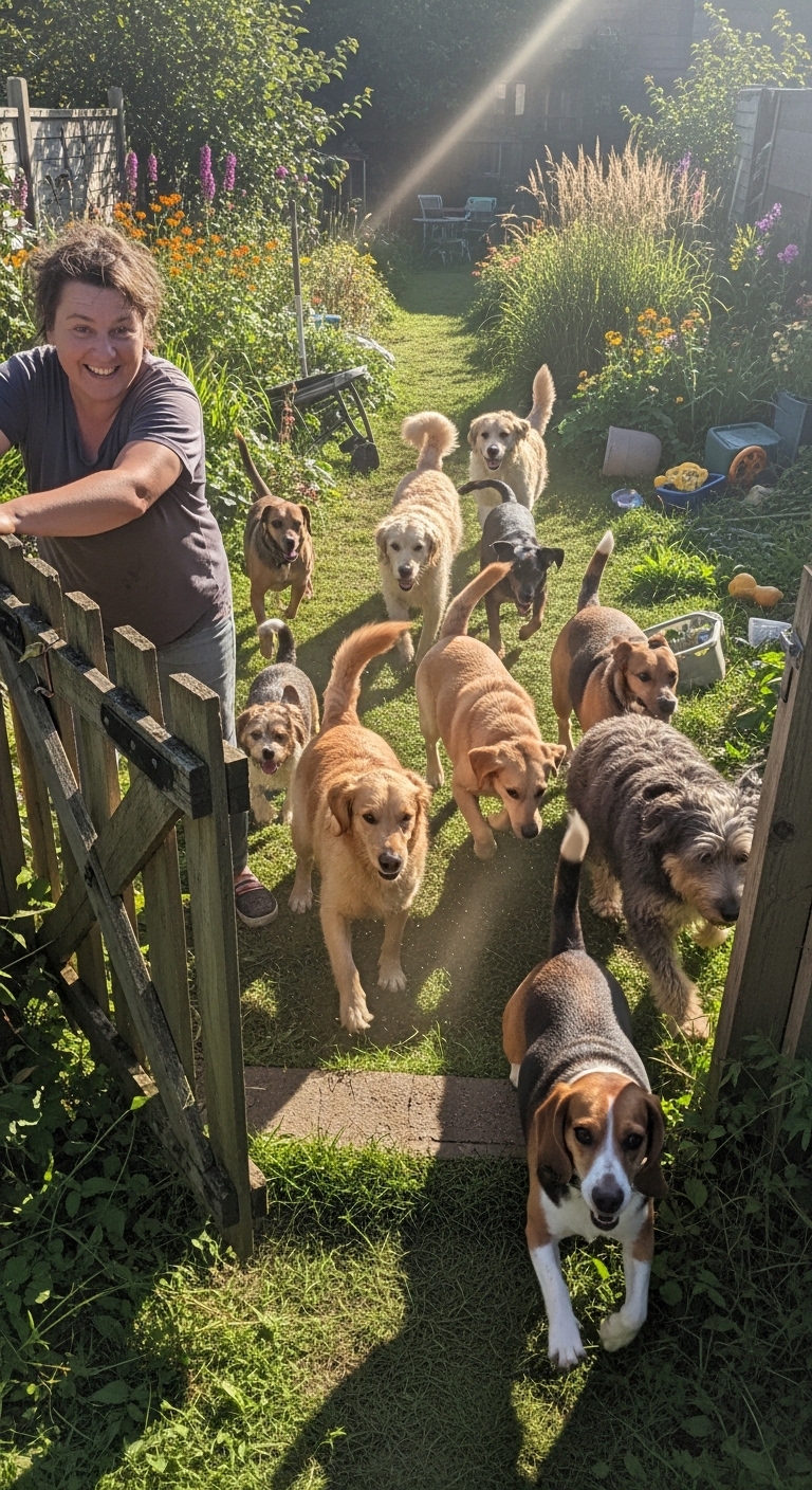 A woman is standing in a yard with a group of dogs.