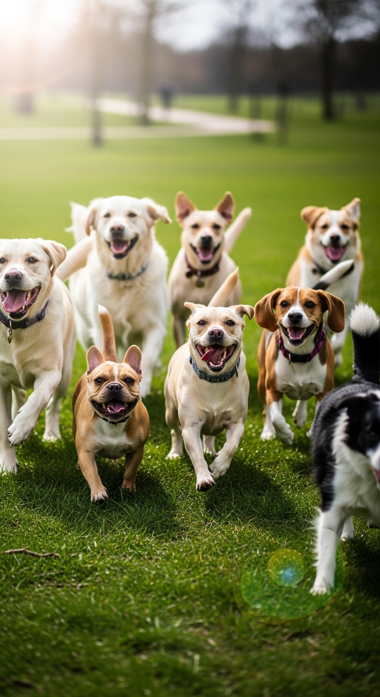 A pack of dogs are running in a field.