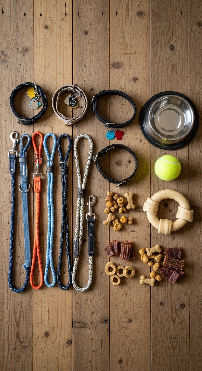 A collection of dog accessories on a table.