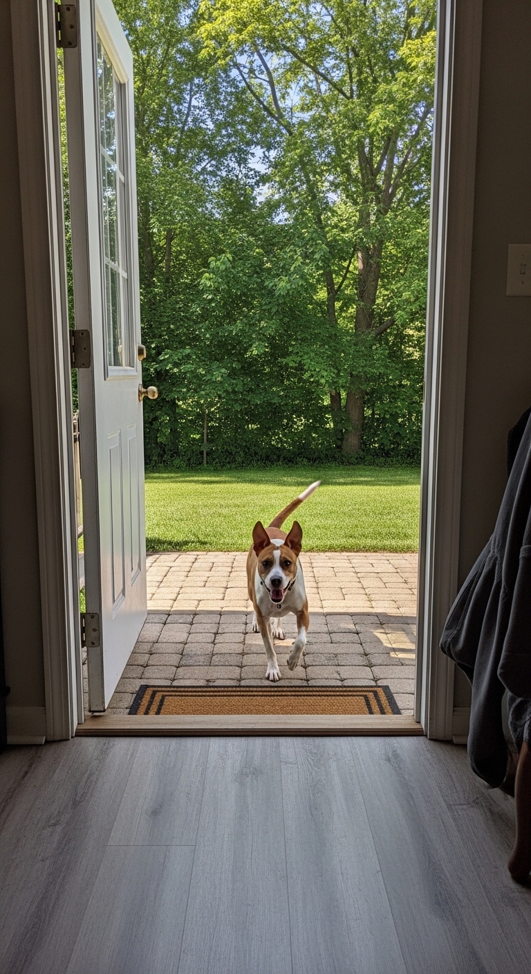 A dog is running out of a doorway.