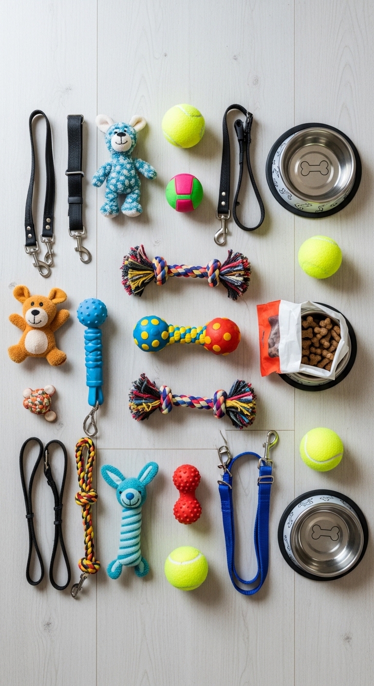 A collection of toys and balls, including a tennis ball, a stuffed animal, and a dog toy.
