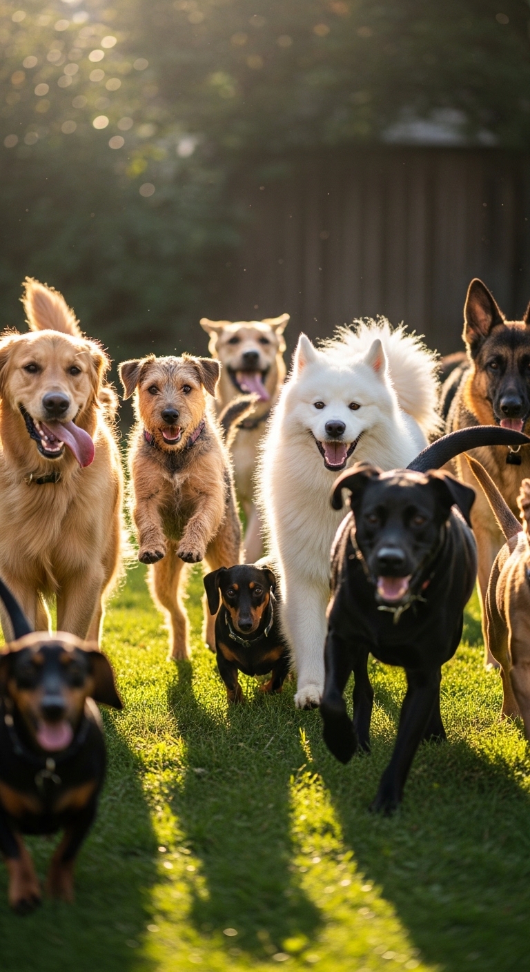 A group of dogs playing in the grass.