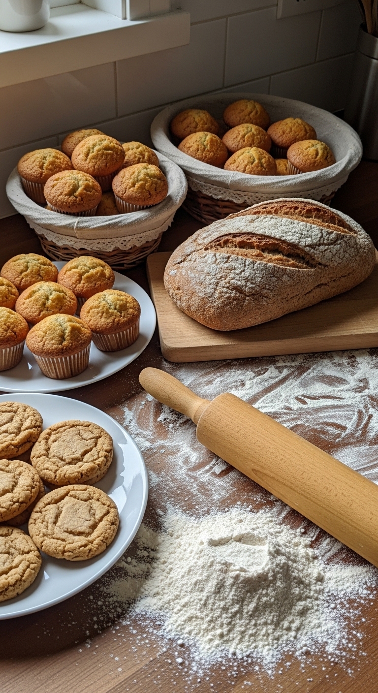 A wooden spoon is in a bowl of flour.