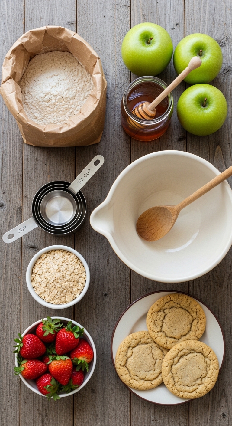 A bowl of flour and a cookie on a table.