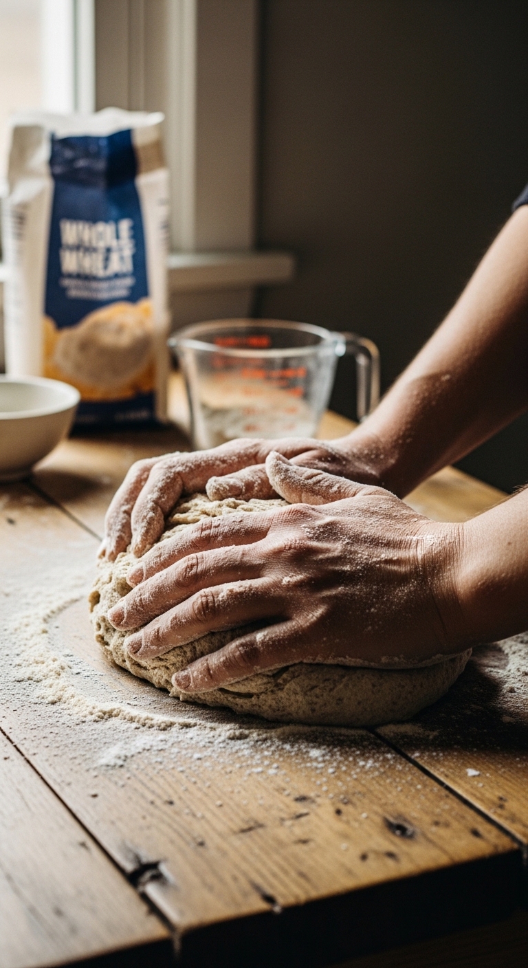 A person is mixing whole wheat flour in a bowl.