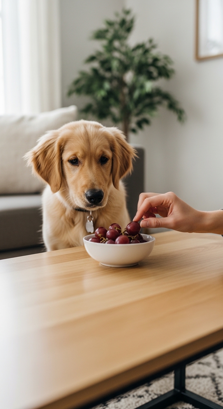 A dog is sitting in front of a bowl of grapes.