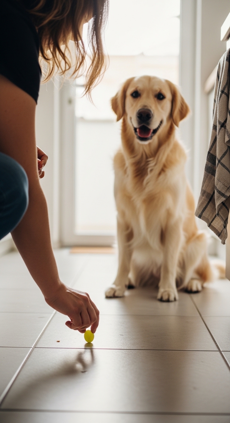 A woman is feeding a dog a piece of food.