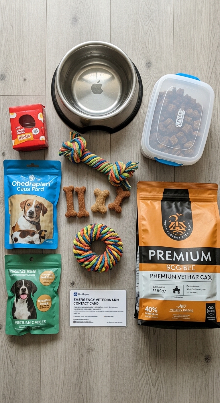 A dog toy and a bag of dog food are displayed on a table.