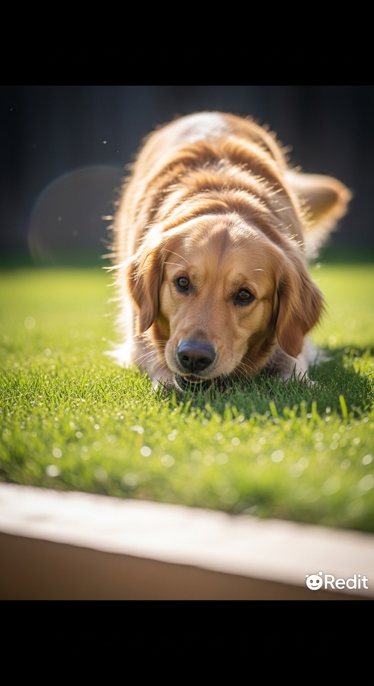 A dog eating grass in the sun.