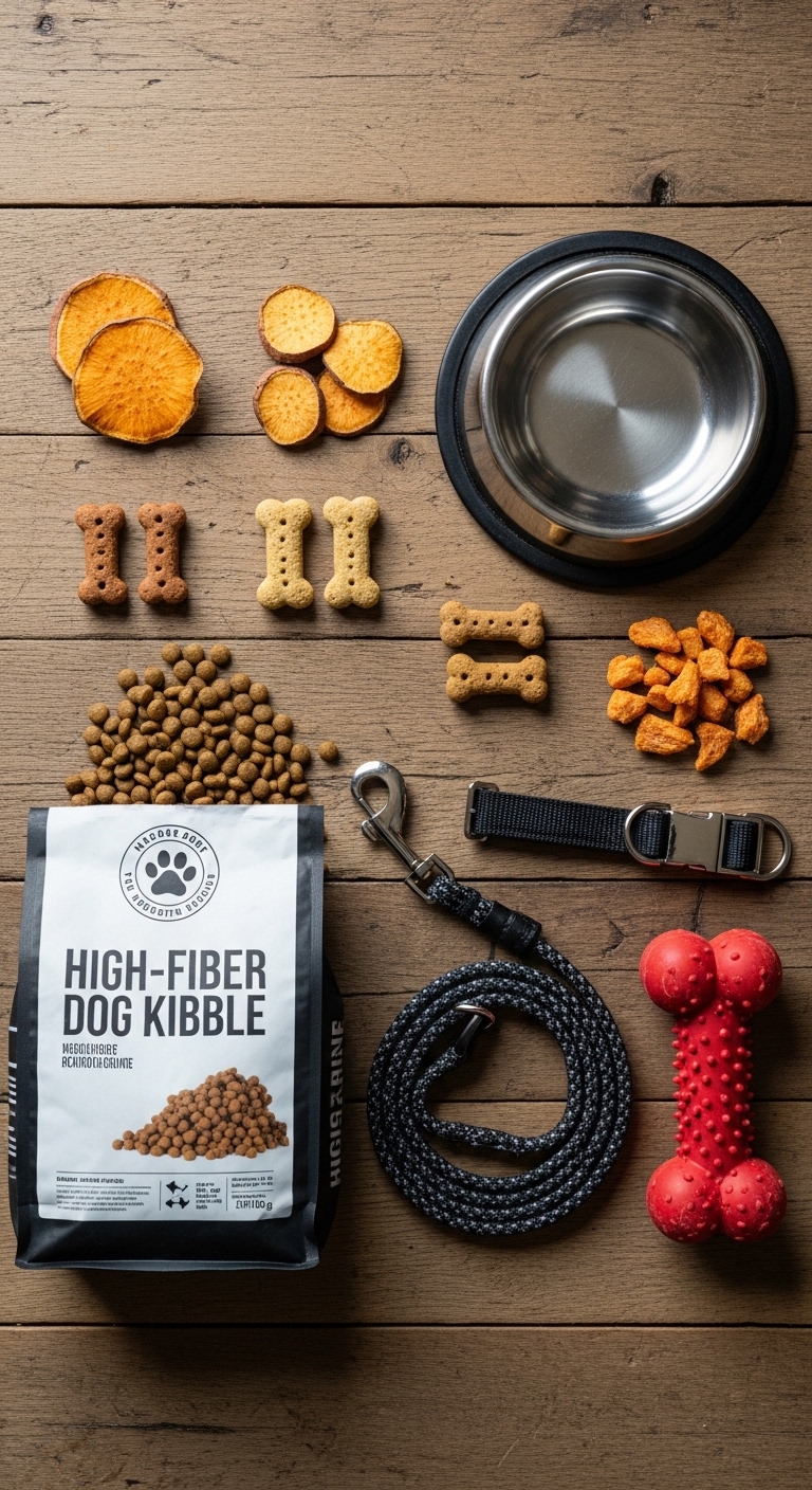 A dog food bag and a leash are on a table.