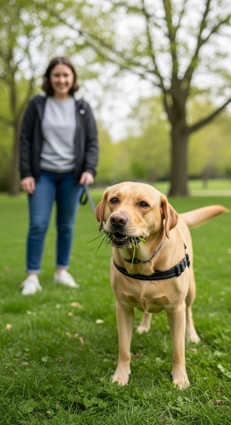 A dog eating grass in a park.