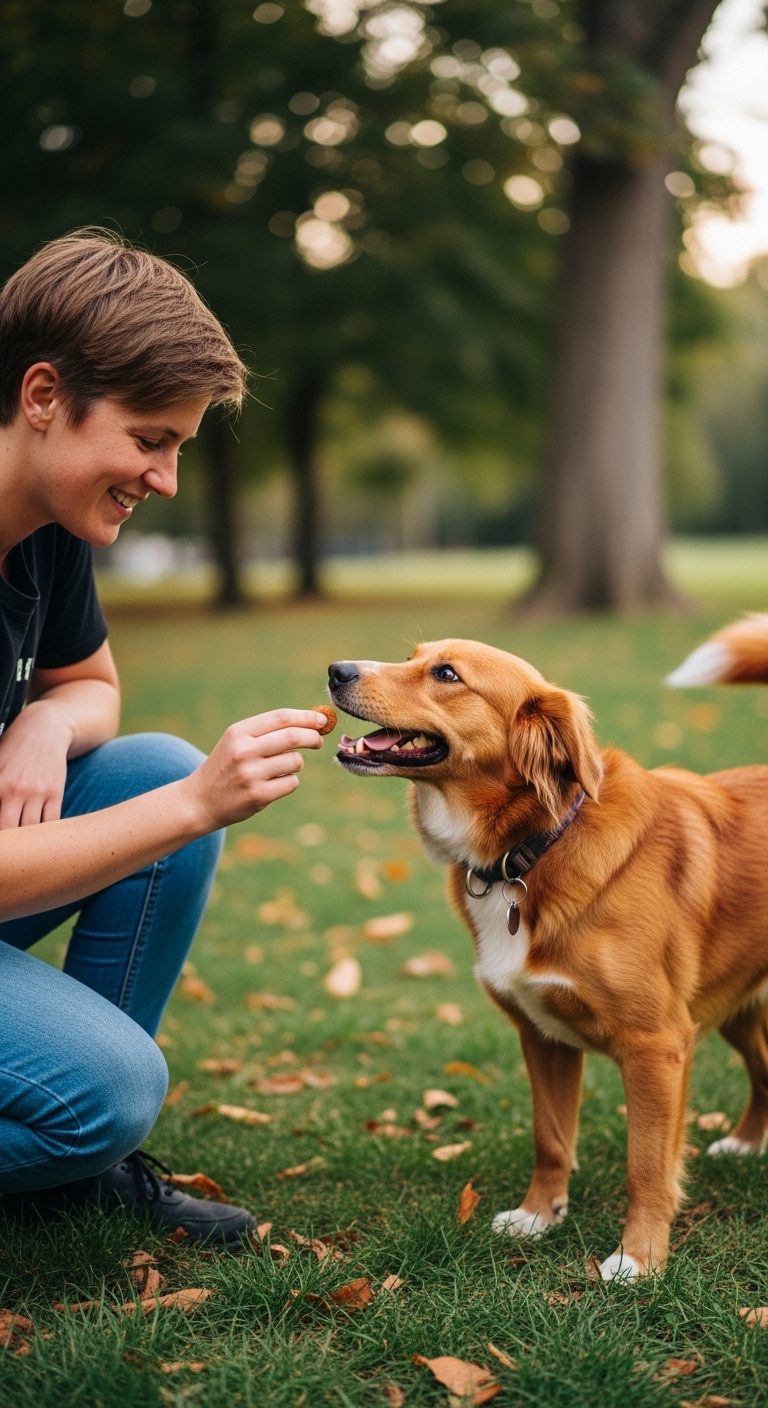 A woman is feeding a dog a piece of food.