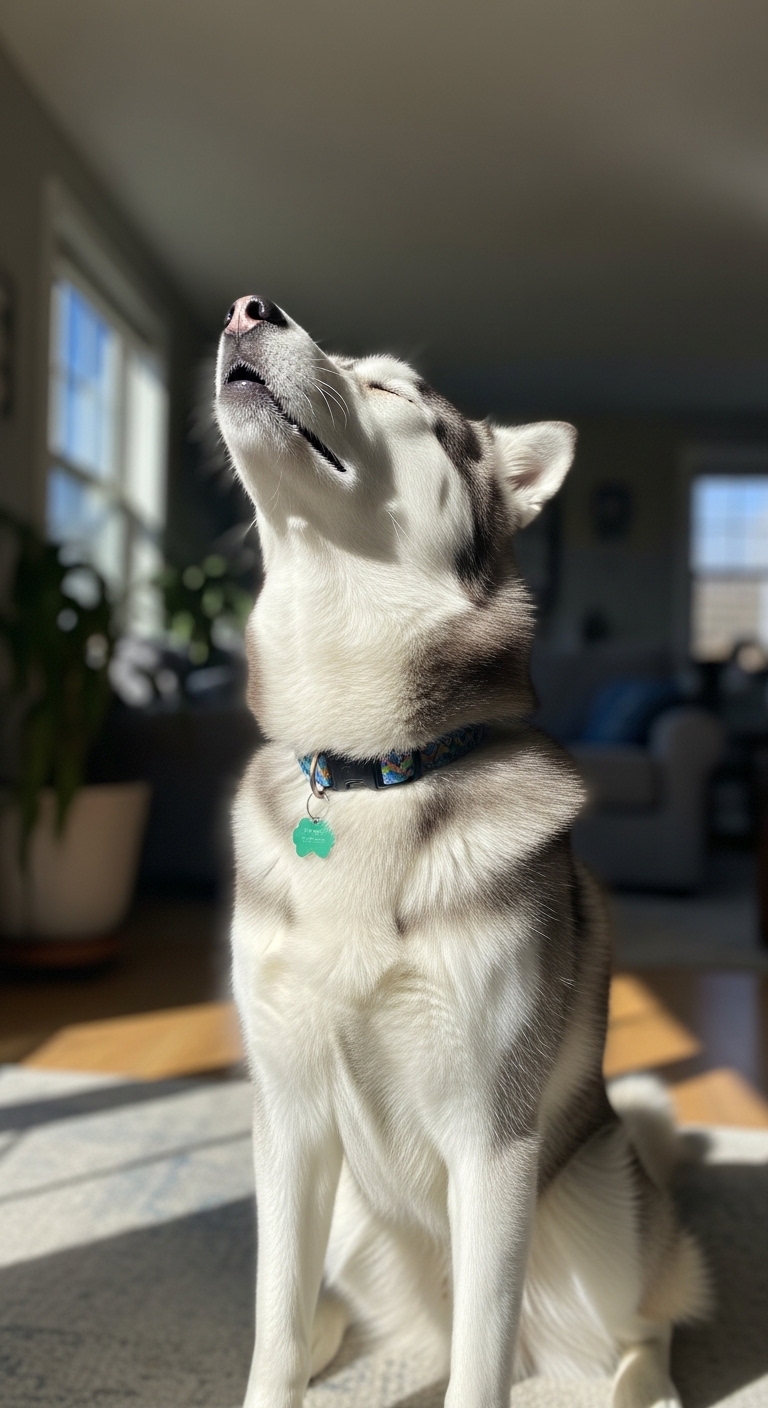 A dog howling in the sunlight.