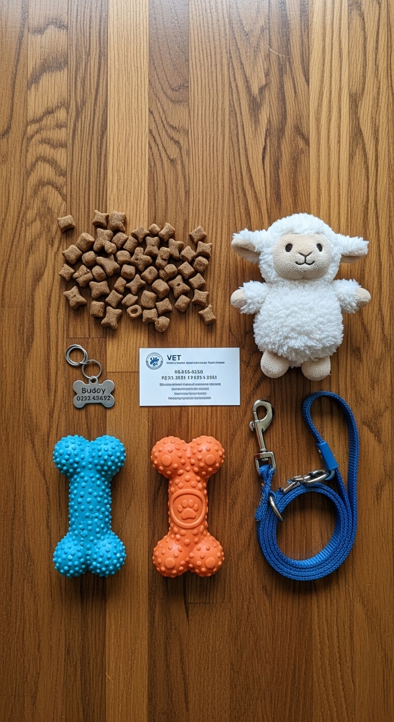 A blue and orange dog toy sits on a table next to a business card.