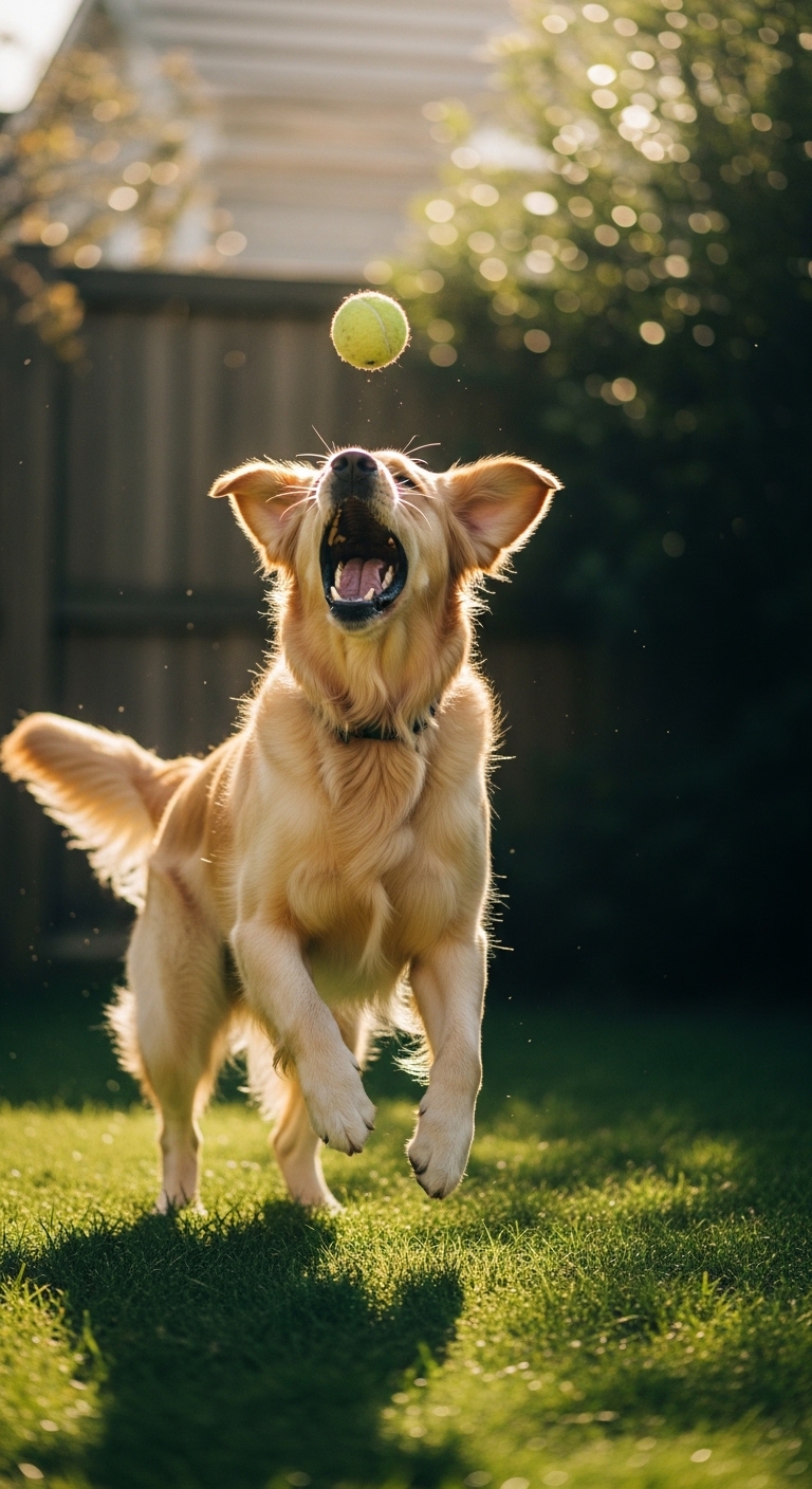 A dog catching a tennis ball in its mouth.