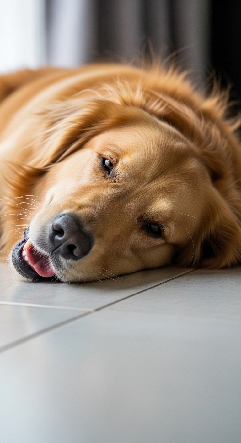 A dog is laying on the floor with its tongue out.